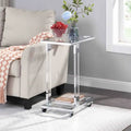 Table d'appoint en verre chromée et dorée en forme de C avec base en métal et roulettes, pour 1 personne