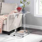 Table d'appoint en verre chromée et dorée en forme de C avec base en métal et roulettes, pour 1 personne