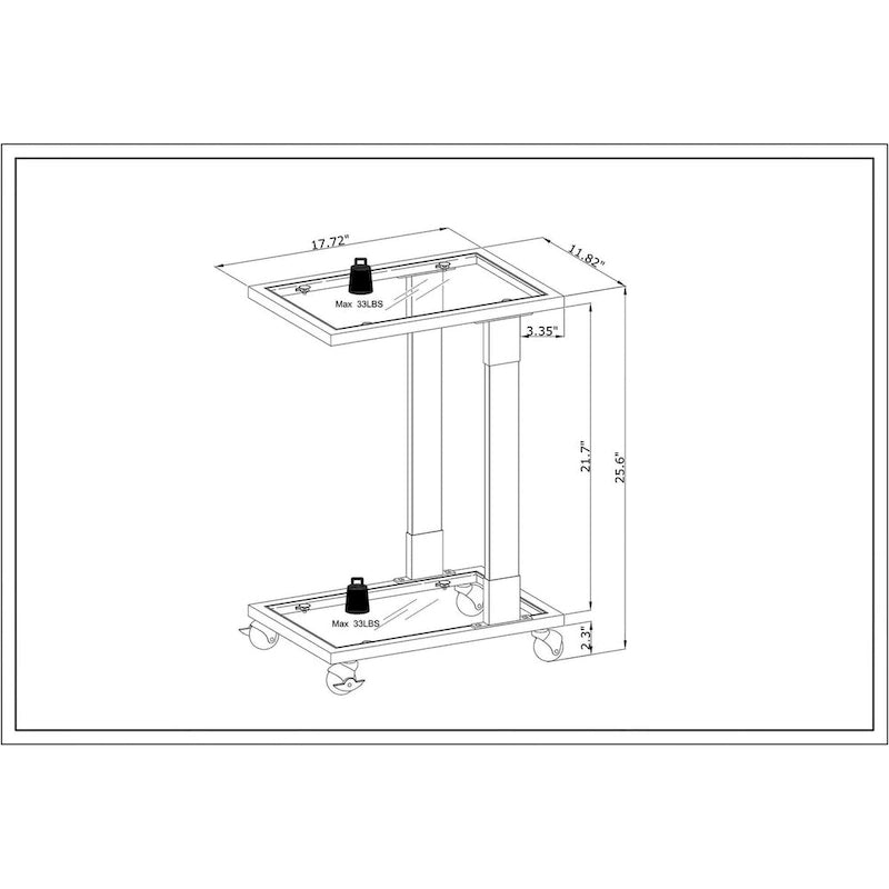 Table d'appoint en verre chromée et dorée en forme de C avec base en métal et roulettes, pour 1 personne