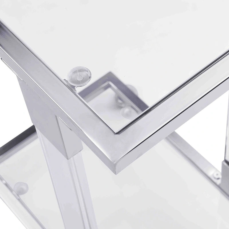 Table d'appoint en verre chromée et dorée en forme de C avec base en métal et roulettes, pour 1 personne