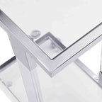 Table d'appoint en verre chromée et dorée en forme de C avec base en métal et roulettes, pour 1 personne