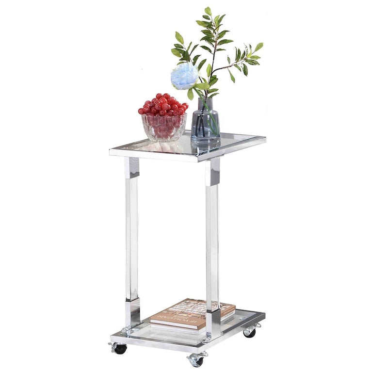 Table d'appoint en verre chromée et dorée en forme de C avec base en métal et roulettes, pour 1 personne