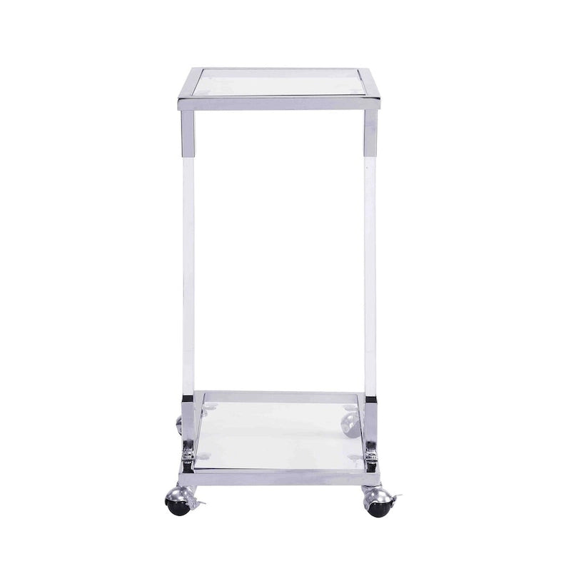 Table d'appoint en verre chromée et dorée en forme de C avec base en métal et roulettes, pour 1 personne