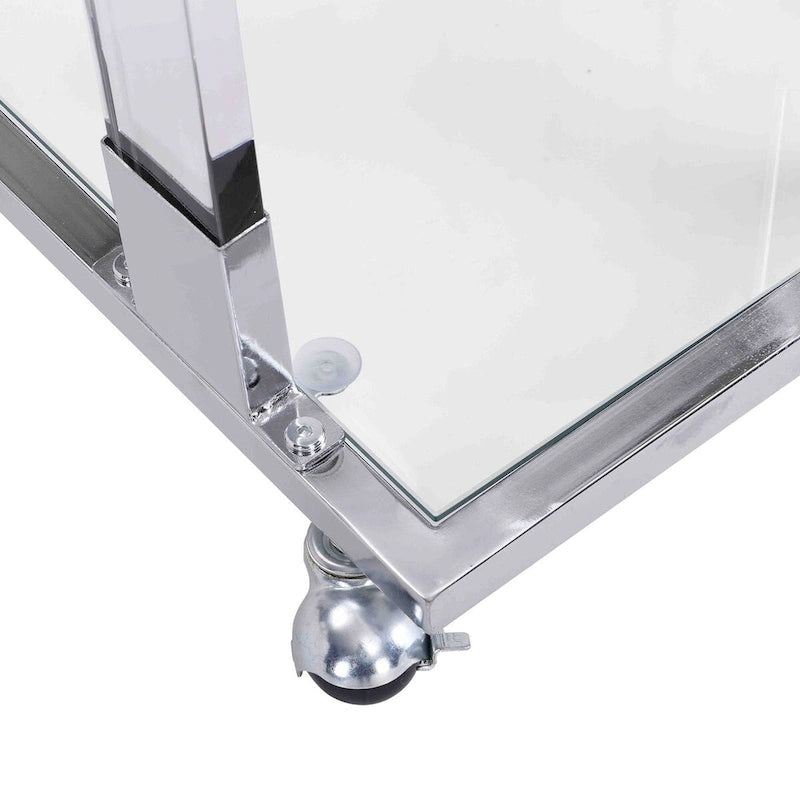 Table d'appoint en verre chromée et dorée en forme de C avec base en métal et roulettes, pour 1 personne