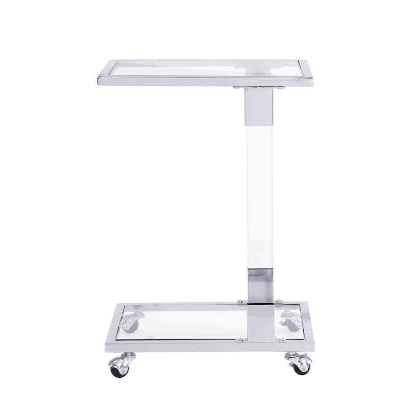 Table d'appoint en verre chromée et dorée en forme de C avec base en métal et roulettes, pour 1 personne