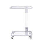 Table d'appoint en verre chromée et dorée en forme de C avec base en métal et roulettes, pour 1 personne
