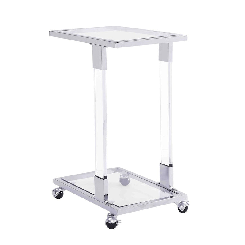 Table d'appoint en verre chromée et dorée en forme de C avec base en métal et roulettes, pour 1 personne