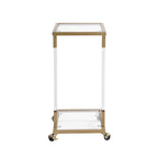 Table d'appoint en verre chromée et dorée en forme de C avec base en métal et roulettes, pour 1 personne