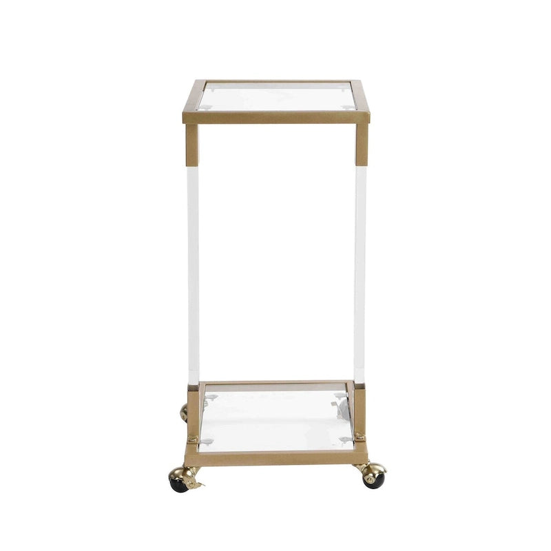 Table d'appoint en verre chromée et dorée en forme de C avec base en métal et roulettes, pour 1 personne