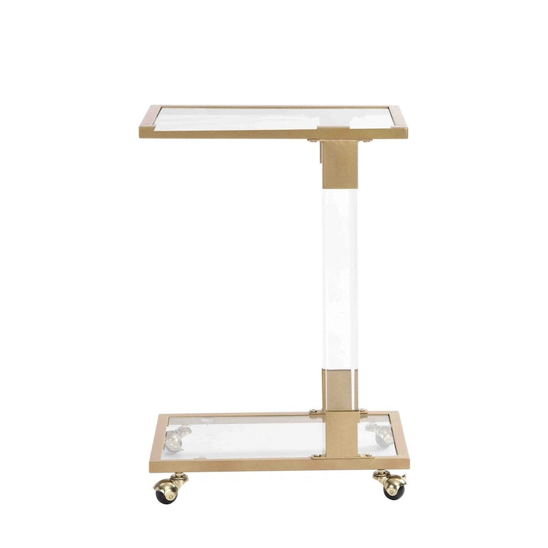 Table d'appoint en verre chromée et dorée en forme de C avec base en métal et roulettes, pour 1 personne