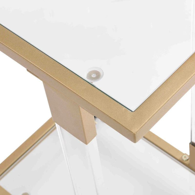 Table d'appoint en verre chromée et dorée en forme de C avec base en métal et roulettes, pour 1 personne