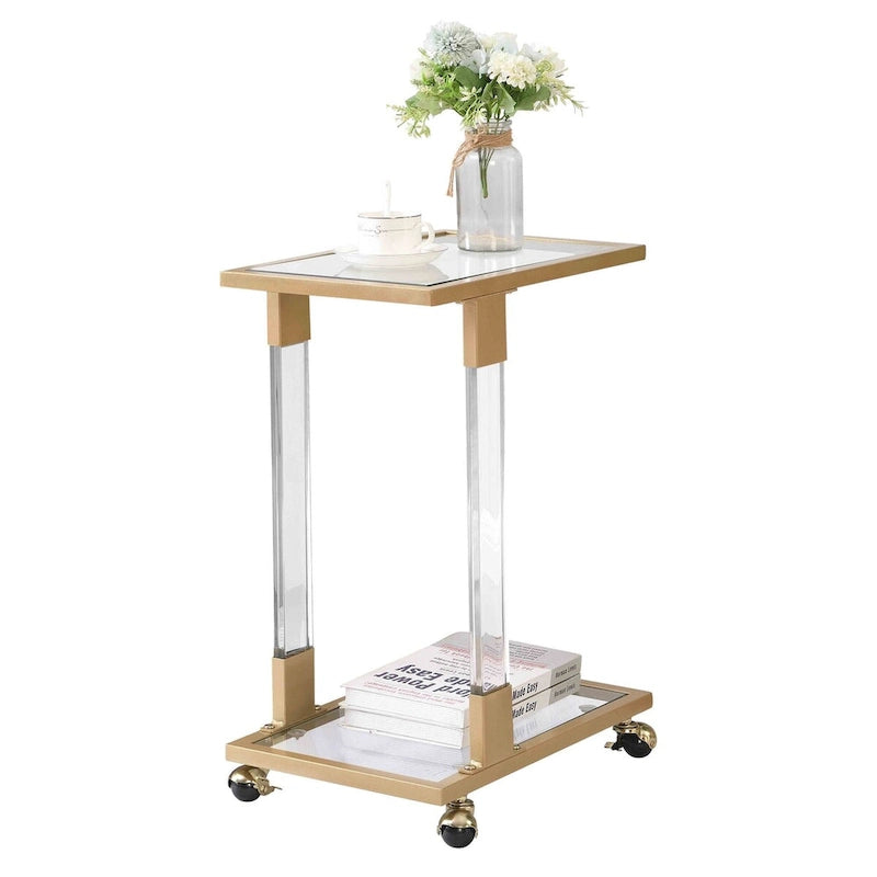 Table d'appoint en verre chromée et dorée en forme de C avec base en métal et roulettes, pour 1 personne