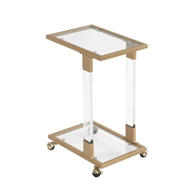 Table d'appoint en verre chromée et dorée en forme de C avec base en métal et roulettes, pour 1 personne