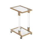 Table d'appoint en verre chromée et dorée en forme de C avec base en métal et roulettes, pour 1 personne