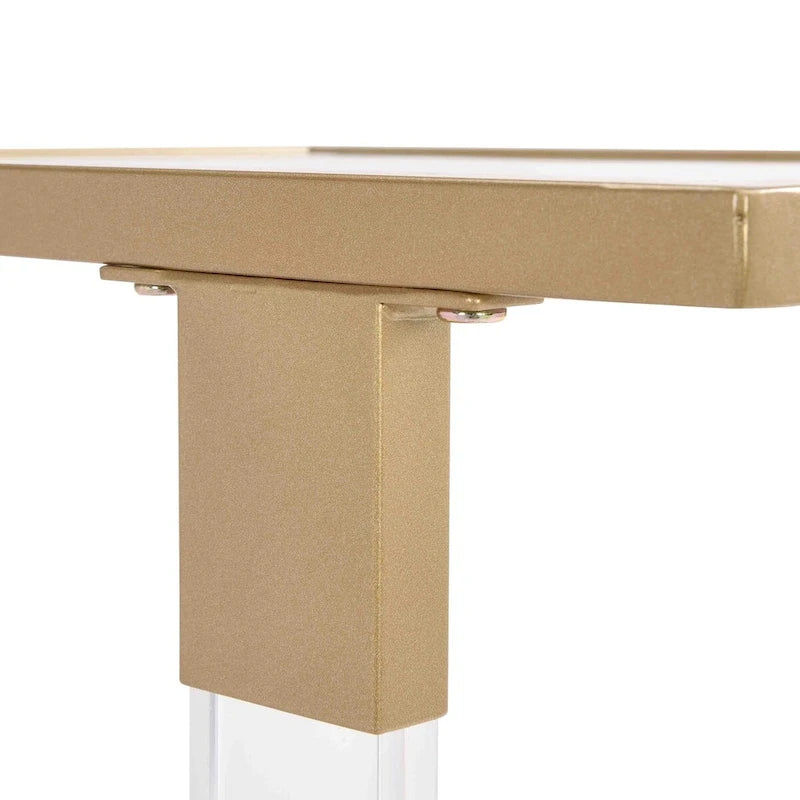 Table d'appoint en verre chromée et dorée en forme de C avec base en métal et roulettes, pour 1 personne