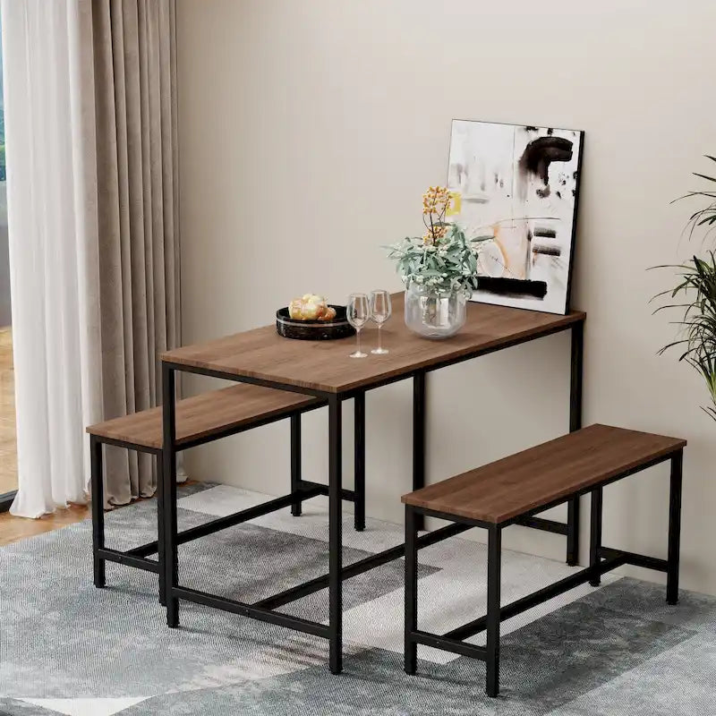 Ensemble de salle à manger 3 pièces marron avec 2 bancs, 4 places