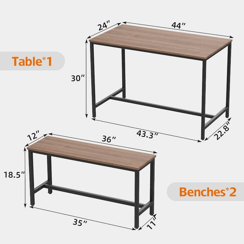 Ensemble de salle à manger 3 pièces marron avec 2 bancs, 4 places