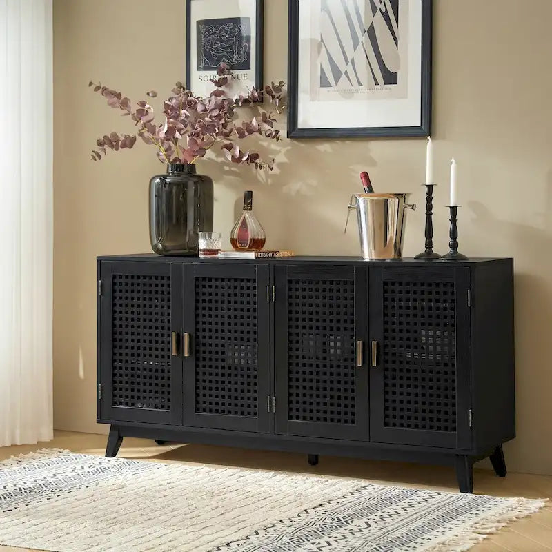 Noyer et noir | Buffet de 147 cm avec portes à treillis | Assemblage par 1 personne