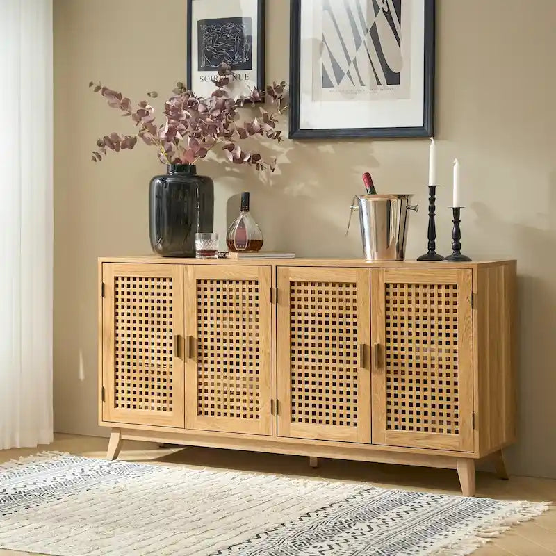 Noyer et noir | Buffet de 147 cm avec portes à treillis | Assemblage par 1 personne