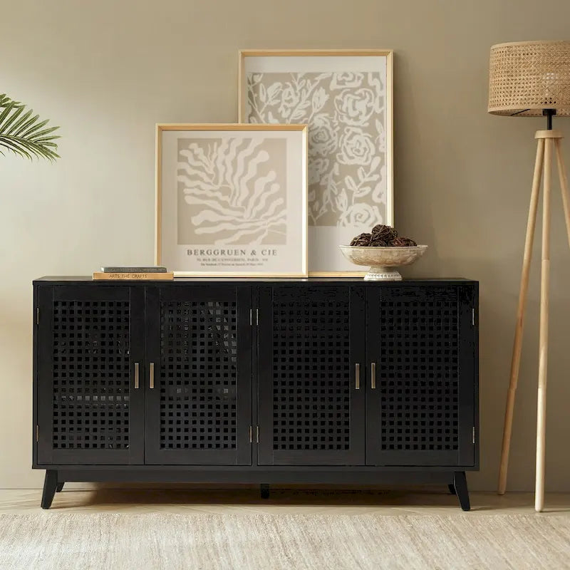 Noyer et noir | Buffet de 147 cm avec portes à treillis | Assemblage par 1 personne