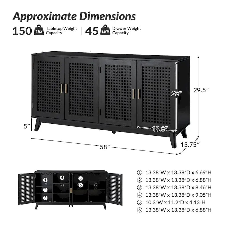 Noyer et noir | Buffet de 147 cm avec portes à treillis | Assemblage par 1 personne