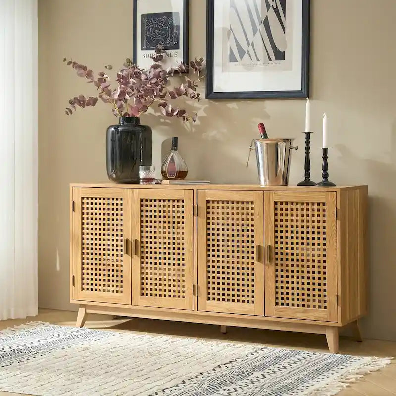 Noyer et noir | Buffet de 147 cm avec portes à treillis | Assemblage par 1 personne