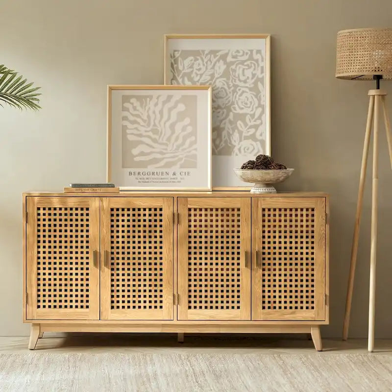 Noyer et noir | Buffet de 147 cm avec portes à treillis | Assemblage par 1 personne