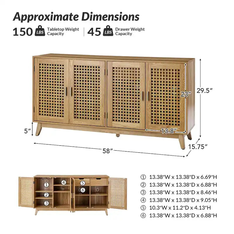 Noyer et noir | Buffet de 147 cm avec portes à treillis | Assemblage par 1 personne