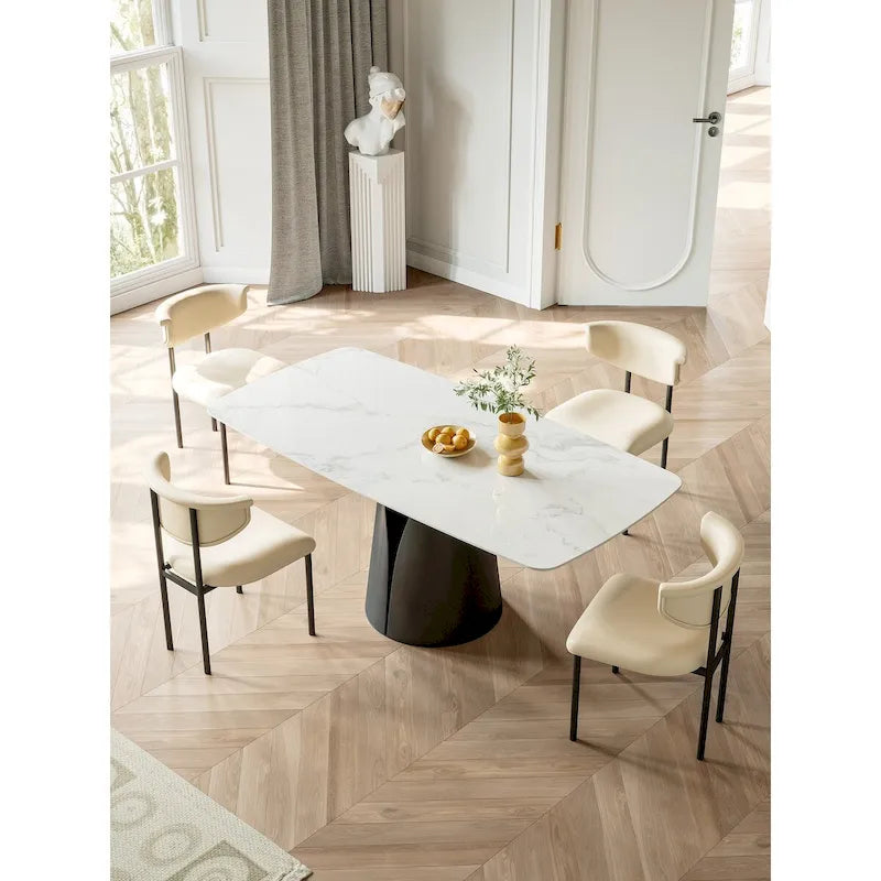 Table de salle à manger rectangulaire blanche pour 6, plateau en ardoise brillante, pied central