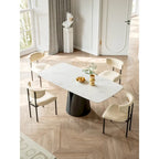 Table de salle à manger rectangulaire blanche pour 6, plateau en ardoise brillante, pied central