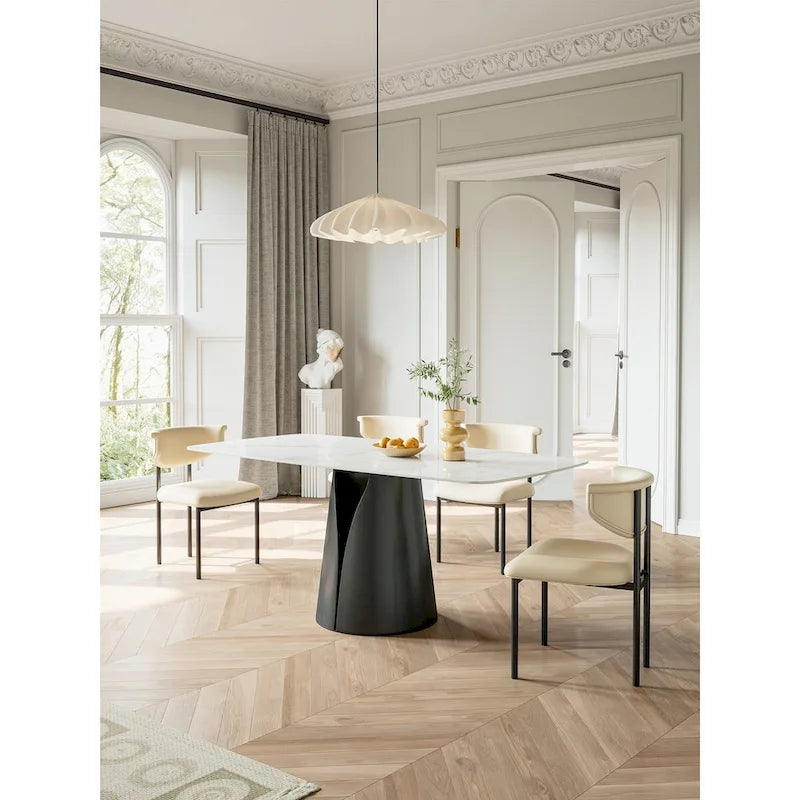 Table de salle à manger rectangulaire blanche pour 6, plateau en ardoise brillante, pied central