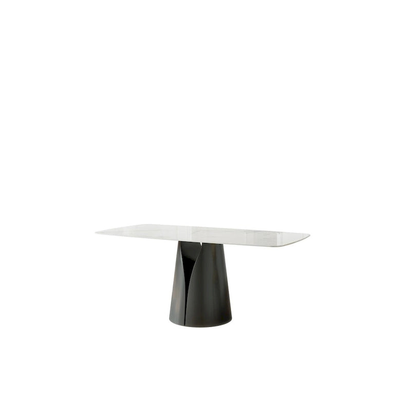 Table de salle à manger rectangulaire blanche pour 6, plateau en ardoise brillante, pied central
