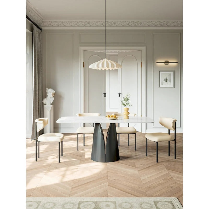 Table de salle à manger rectangulaire blanche pour 6, plateau en ardoise brillante, pied central