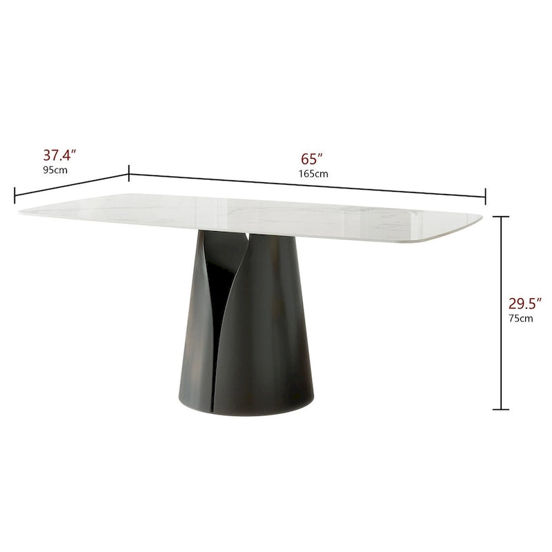 Table de salle à manger rectangulaire blanche pour 6, plateau en ardoise brillante, pied central