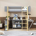 Merax Wood Loft Bed With Built-in Storage Cabinet and Shelves, Foldable desk