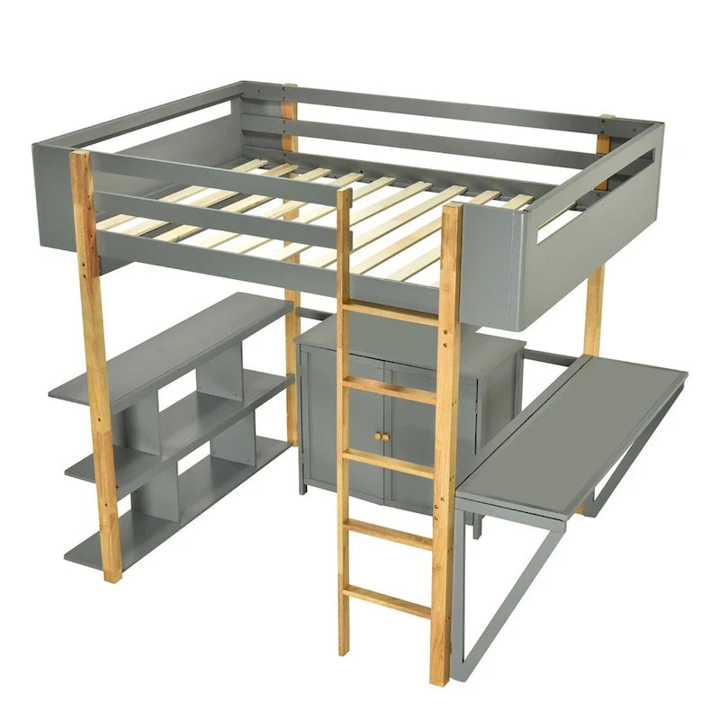 Lit mezzanine bicolore gris/blanc avec armoire de rangement et bureau pliant – Lit double/simple, 1 personne