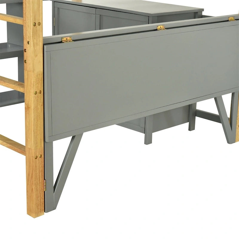Lit mezzanine bicolore gris/blanc avec armoire de rangement et bureau pliant – Lit double/simple, 1 personne
