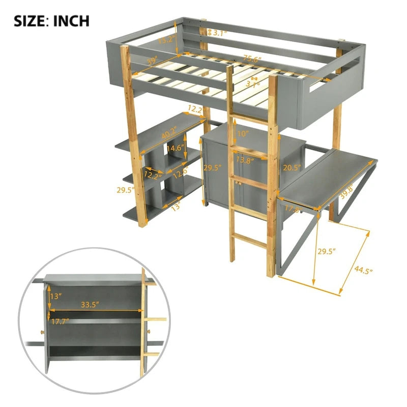 Lit mezzanine bicolore gris/blanc avec armoire de rangement et bureau pliant – Lit double/simple, 1 personne