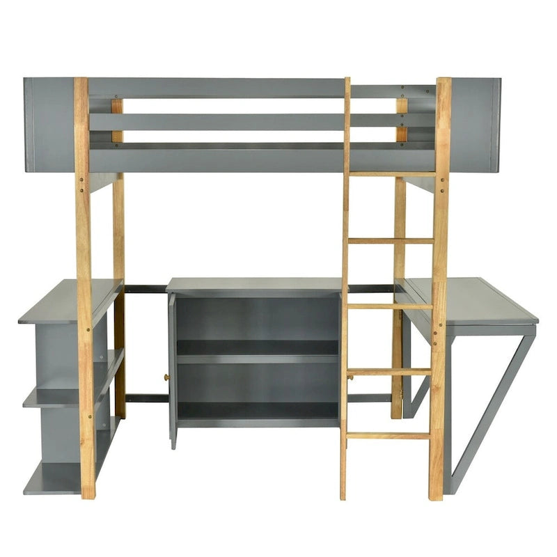 Lit mezzanine bicolore gris/blanc avec armoire de rangement et bureau pliant – Lit double/simple, 1 personne