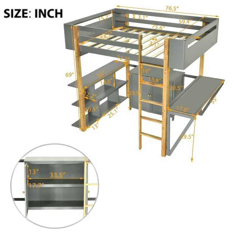Lit mezzanine bicolore gris/blanc avec armoire de rangement et bureau pliant – Lit double/simple, 1 personne