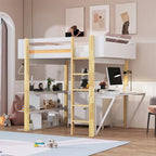 Lit mezzanine bicolore gris/blanc avec armoire de rangement et bureau pliant – Lit double/simple, 1 personne