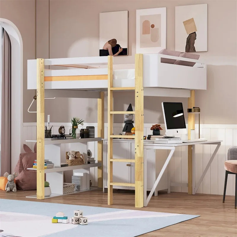 Lit mezzanine bicolore gris/blanc avec armoire de rangement et bureau pliant – Lit double/simple, 1 personne