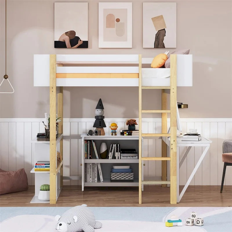 Lit mezzanine bicolore gris/blanc avec armoire de rangement et bureau pliant – Lit double/simple, 1 personne