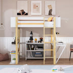 Lit mezzanine bicolore gris/blanc avec armoire de rangement et bureau pliant – Lit double/simple, 1 personne