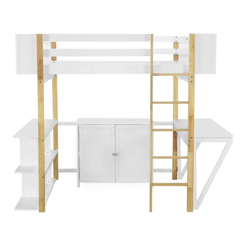 Lit mezzanine bicolore gris/blanc avec armoire de rangement et bureau pliant – Lit double/simple, 1 personne