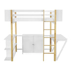 Lit mezzanine bicolore gris/blanc avec armoire de rangement et bureau pliant – Lit double/simple, 1 personne