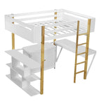 Lit mezzanine bicolore gris/blanc avec armoire de rangement et bureau pliant – Lit double/simple, 1 personne