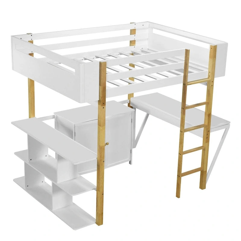 Lit mezzanine bicolore gris/blanc avec armoire de rangement et bureau pliant – Lit double/simple, 1 personne