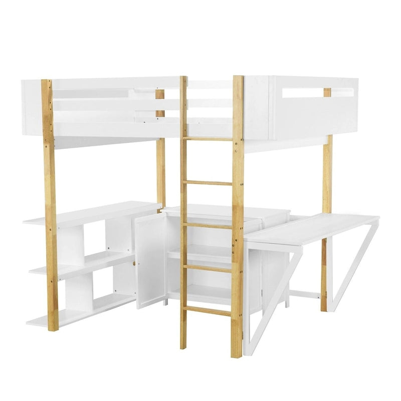 Lit mezzanine bicolore gris/blanc avec armoire de rangement et bureau pliant – Lit double/simple, 1 personne
