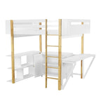 Lit mezzanine bicolore gris/blanc avec armoire de rangement et bureau pliant – Lit double/simple, 1 personne